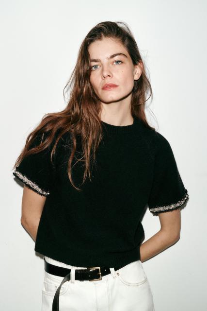 ODM OEM Women’s Black Short Sleeve Textured Knit Sweater Top
