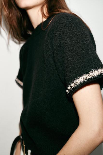 ODM OEM Women’s Black Short Sleeve Textured Knit Sweater Top