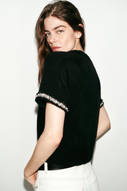 ODM OEM Women’s Black Short Sleeve Textured Knit Sweater Top
