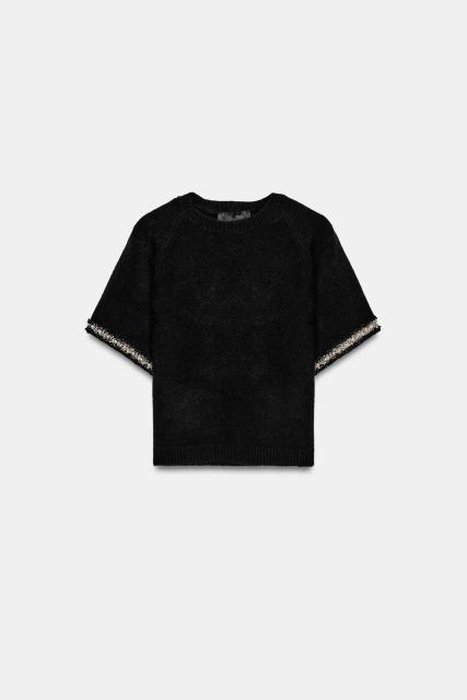 ODM OEM Women’s Black Short Sleeve Textured Knit Sweater Top
