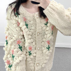 Personalized Women's Handmade Floral Embroidered Chunky Knit Cardigan Sweater