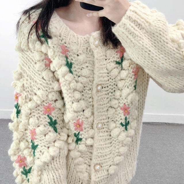 Personalized Women's Handmade Floral Embroidered Chunky Knit Cardigan Sweater