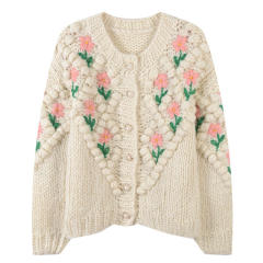 Personalized Women's Handmade Floral Embroidered Chunky Knit Cardigan Sweater