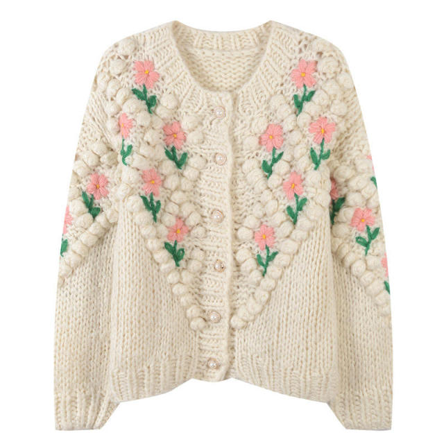 Personalized Women's Handmade Floral Embroidered Chunky Knit Cardigan Sweater