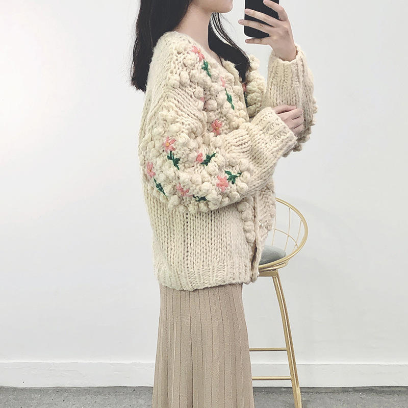 Personalized Women's Handmade Floral Embroidered Chunky Knit Cardigan Sweater