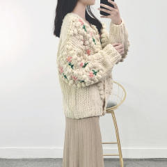 Personalized Women's Handmade Floral Embroidered Chunky Knit Cardigan Sweater