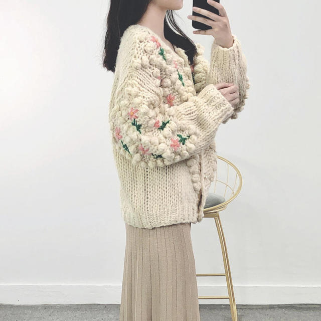Personalized Women's Handmade Floral Embroidered Chunky Knit Cardigan Sweater