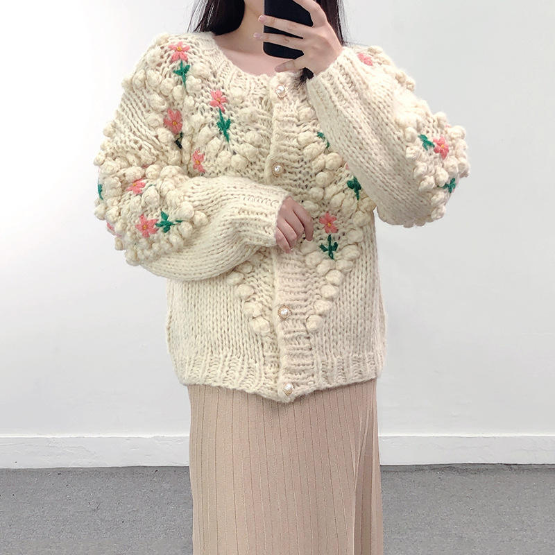 Personalized Women's Handmade Floral Embroidered Chunky Knit Cardigan Sweater