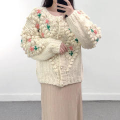 Personalized Women's Handmade Floral Embroidered Chunky Knit Cardigan Sweater