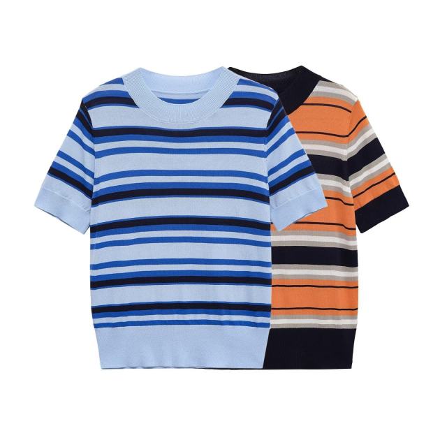 ODM OEM Women's Blue Striped Knit Short Sleeve Sweater