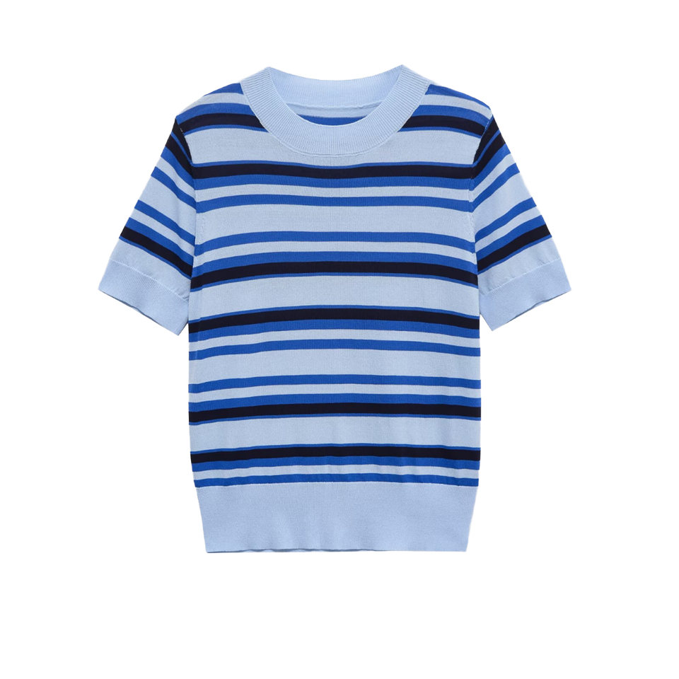 ODM OEM Women's Blue Striped Knit Short Sleeve Sweater