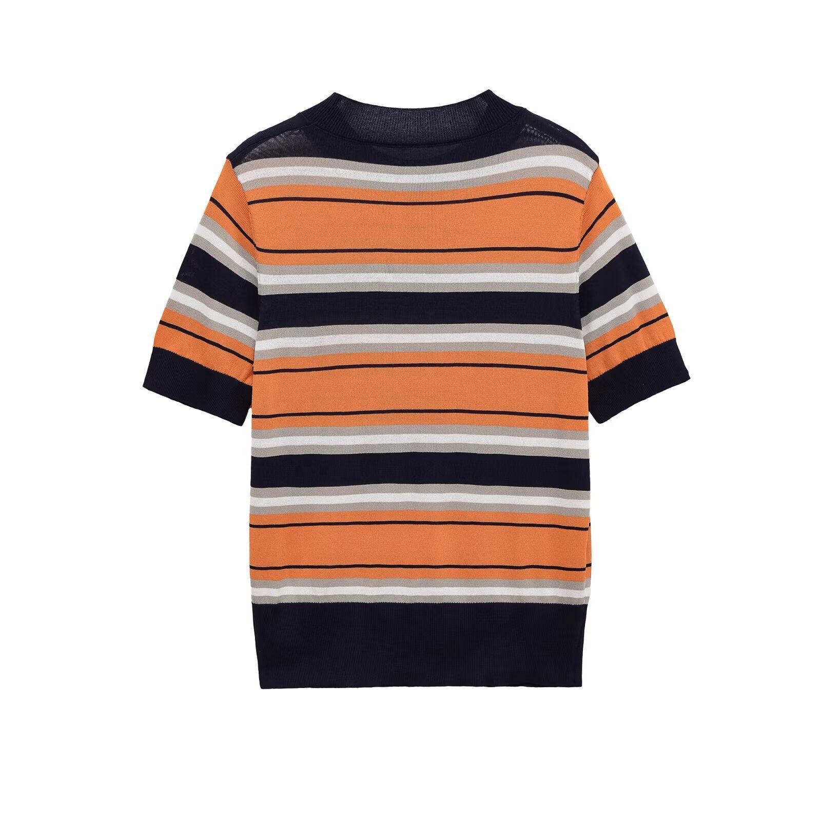 ODM OEM Women's Blue Striped Knit Short Sleeve Sweater