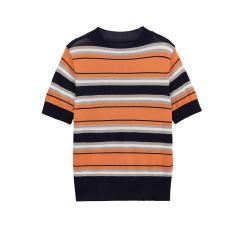ODM OEM Women's Blue Striped Knit Short Sleeve Sweater