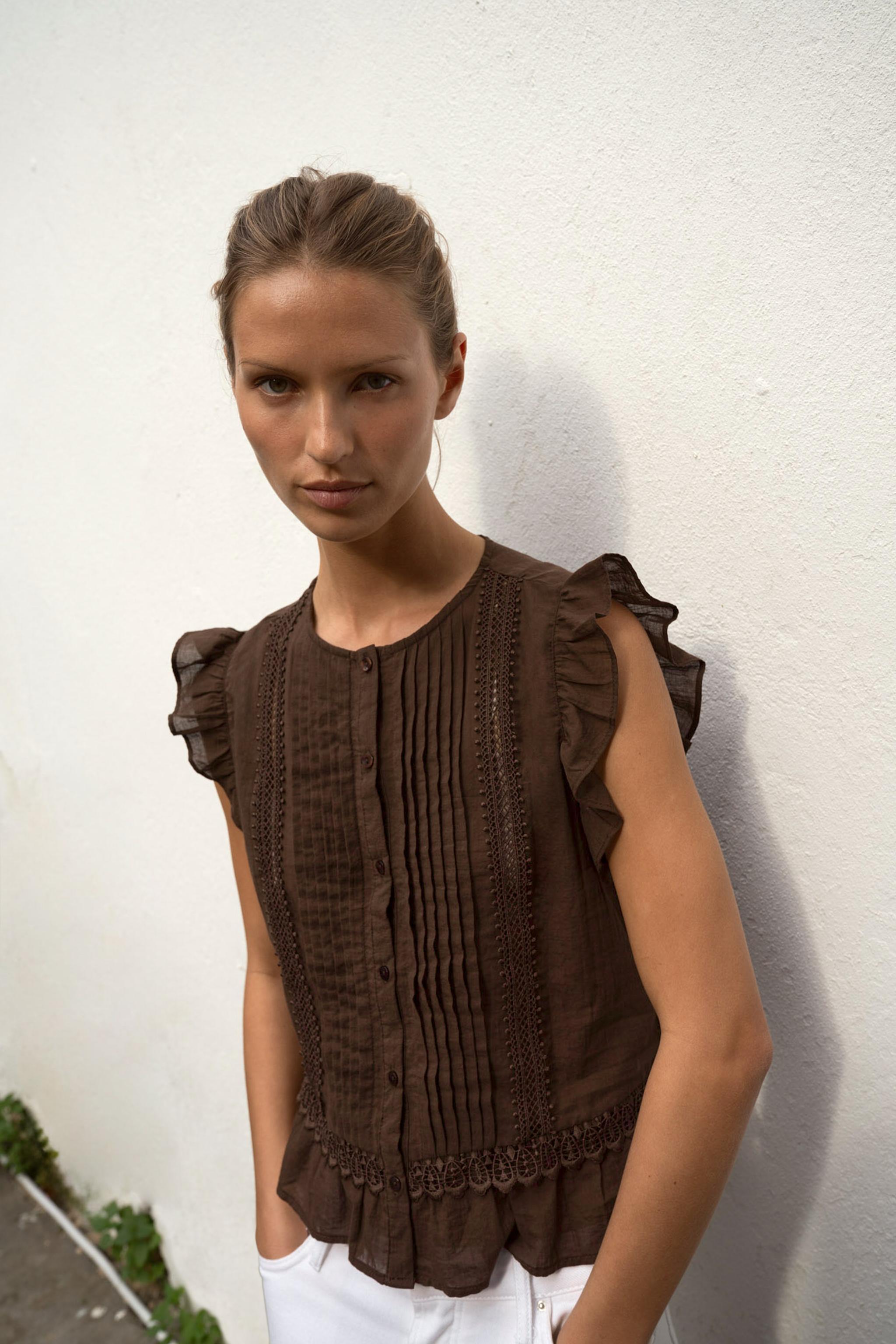Made-to-order Women's Brown Sheer Pleated Ruffle Blouse