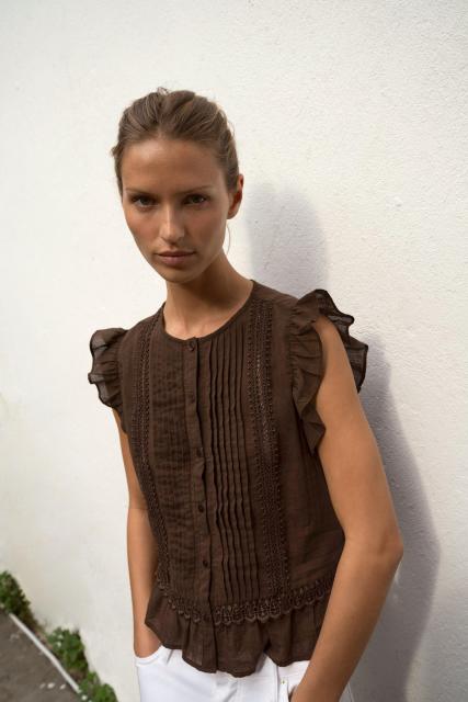 Made-to-order Women's Brown Sheer Pleated Ruffle Blouse