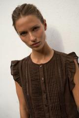 Made-to-order Women's Brown Sheer Pleated Ruffle Blouse