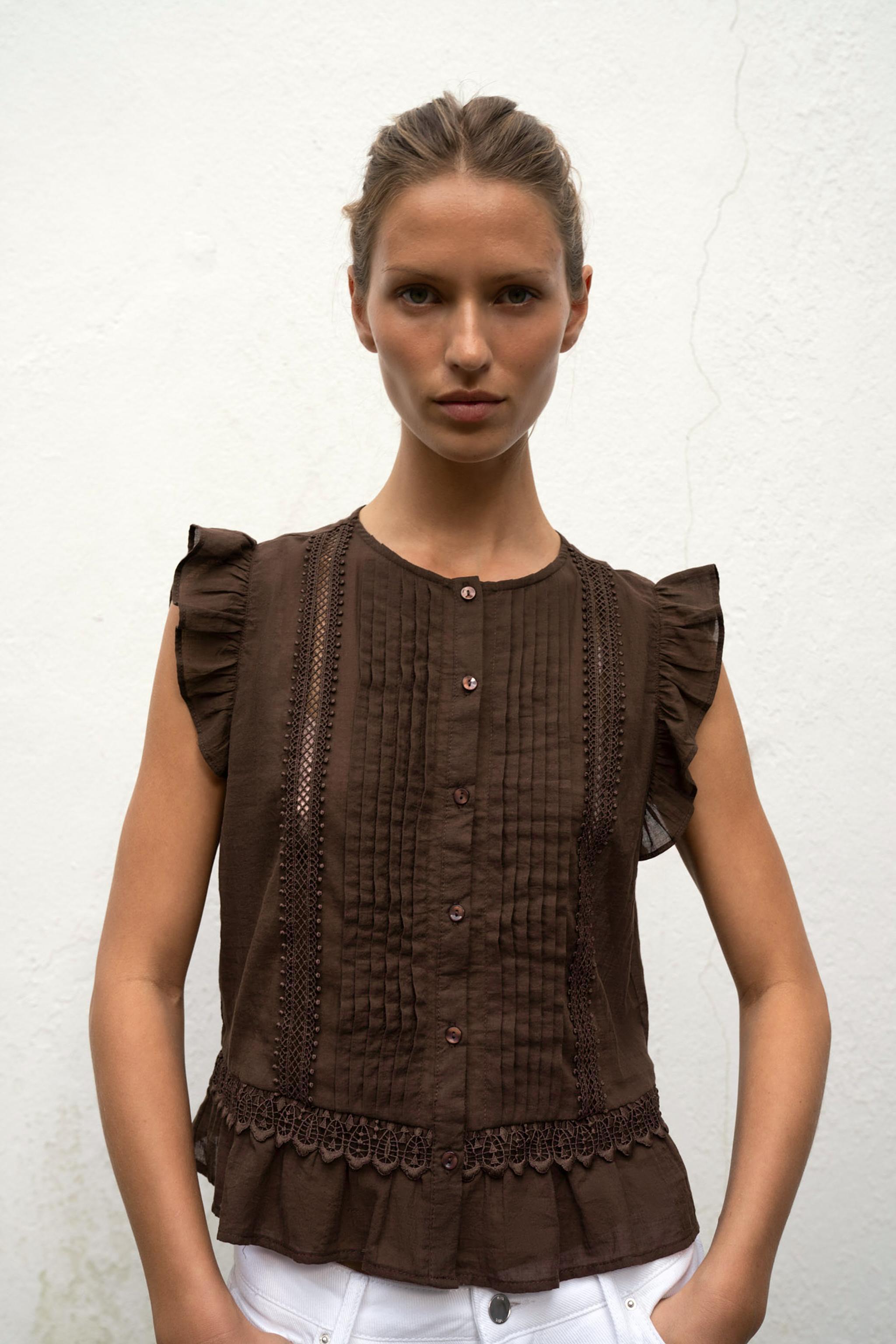 Made-to-order Women's Brown Sheer Pleated Ruffle Blouse