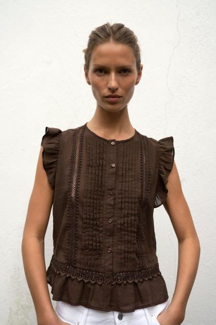 Made-to-order Women's Brown Sheer Pleated Ruffle Blouse
