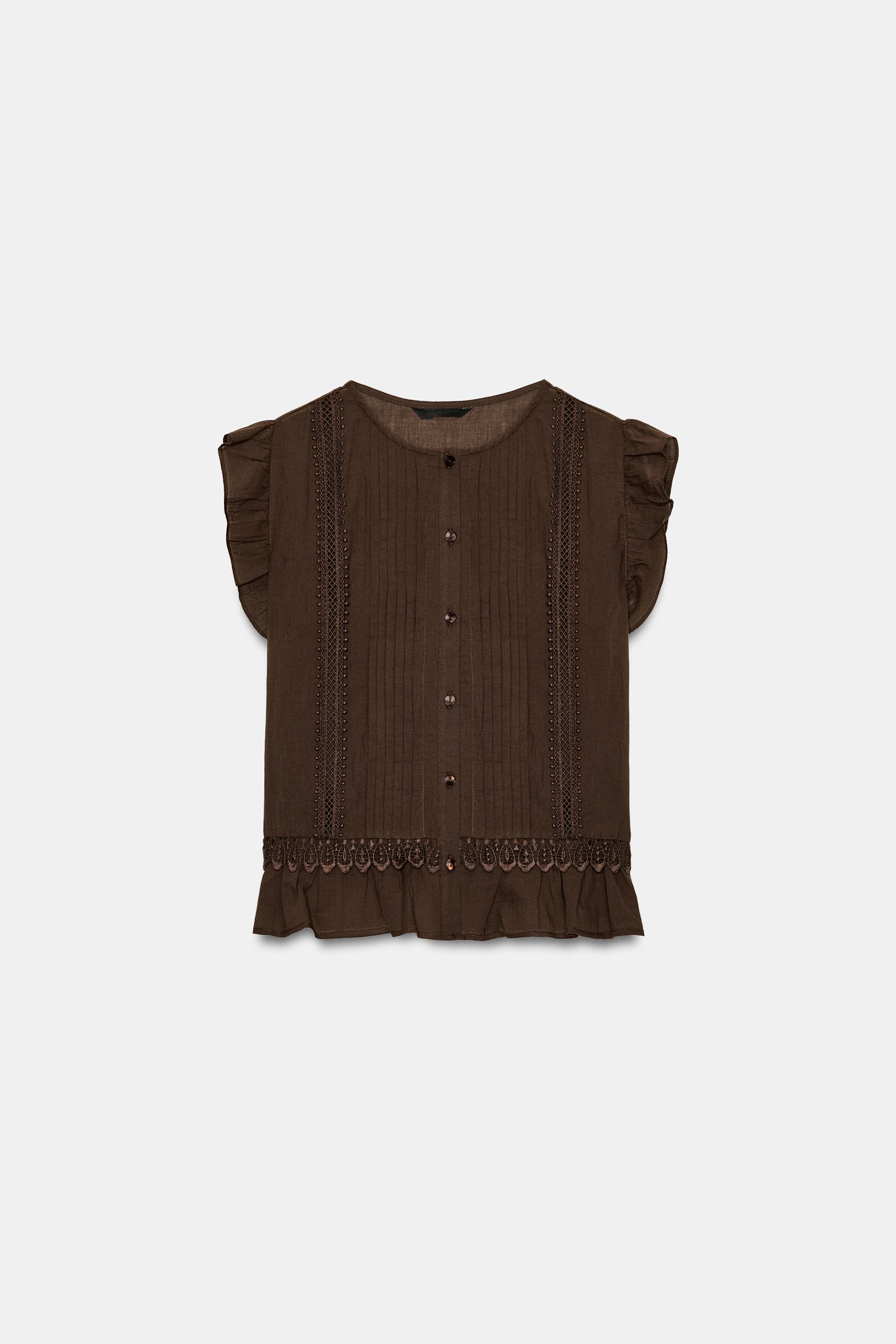 Made-to-order Women's Brown Sheer Pleated Ruffle Blouse