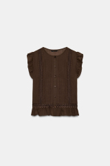 Made-to-order Women's Brown Sheer Pleated Ruffle Blouse