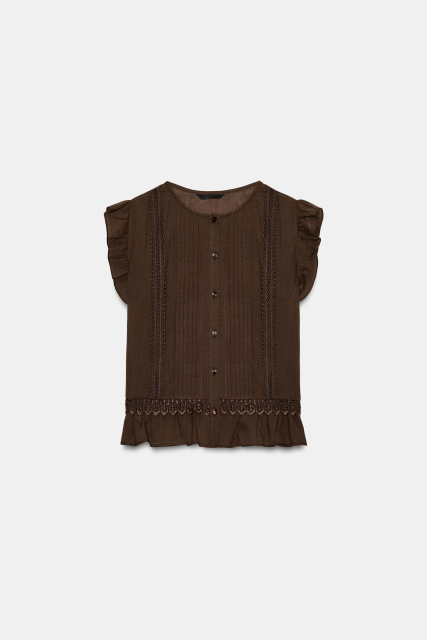 Made-to-order Women's Brown Sheer Pleated Ruffle Blouse