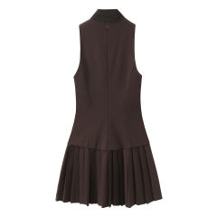 Personalized Women's Brown Tailored Vest Pleated Mini Dress with Tie Detail