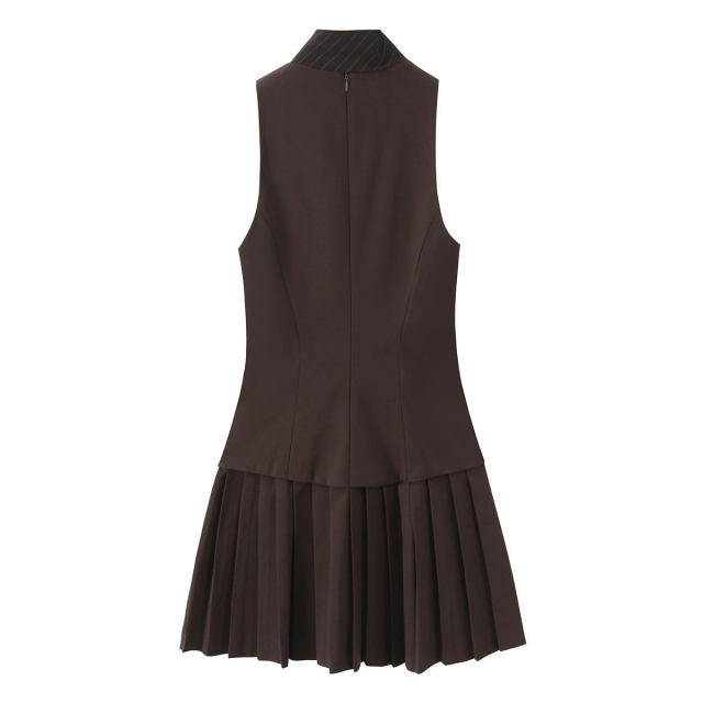 Personalized Women's Brown Tailored Vest Pleated Mini Dress with Tie Detail