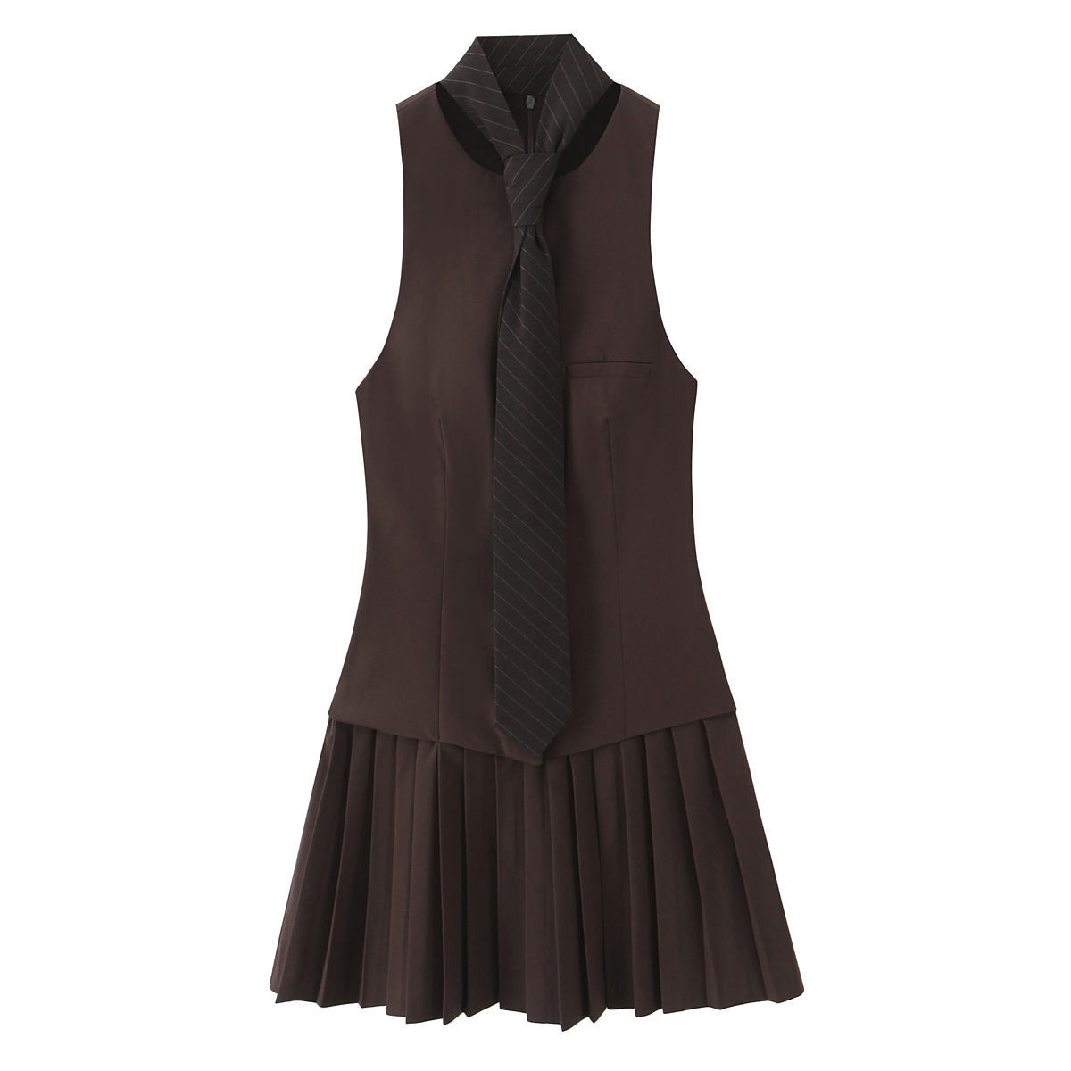 Personalized Women's Brown Tailored Vest Pleated Mini Dress with Tie Detail