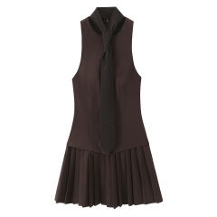 Personalized Women's Brown Tailored Vest Pleated Mini Dress with Tie Detail