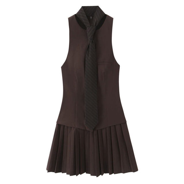 Personalized Women's Brown Tailored Vest Pleated Mini Dress with Tie Detail
