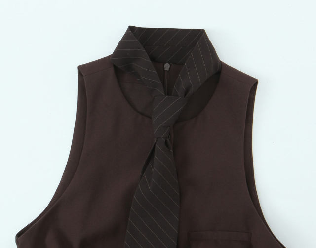 Personalized Women's Brown Tailored Vest Pleated Mini Dress with Tie Detail