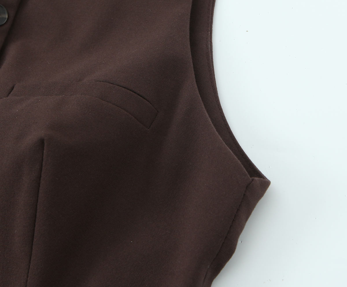 Personalized Women's Brown Tailored Vest Pleated Mini Dress with Tie Detail