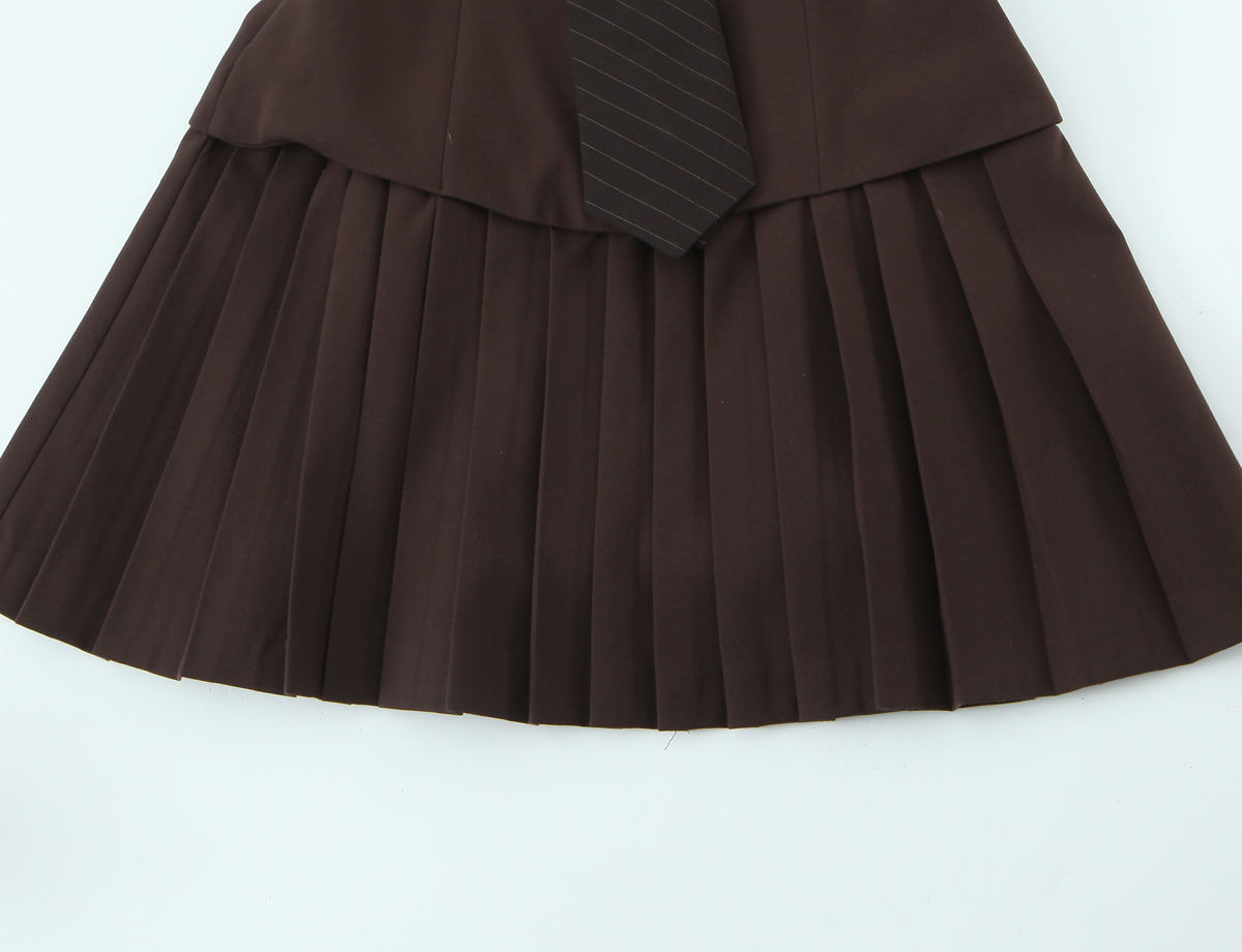 Personalized Women's Brown Tailored Vest Pleated Mini Dress with Tie Detail