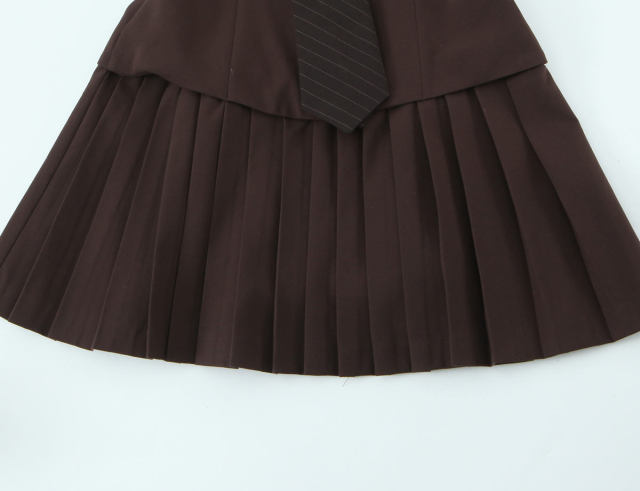 Personalized Women's Brown Tailored Vest Pleated Mini Dress with Tie Detail