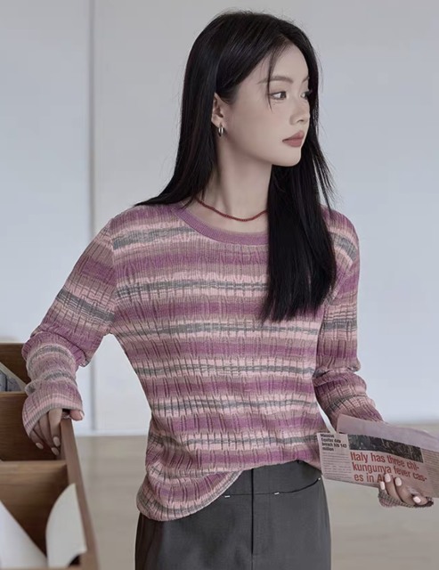 customized Women’s Gradient Striped Knit Sweater – Soft Lightweight Long Sleeve Pullover