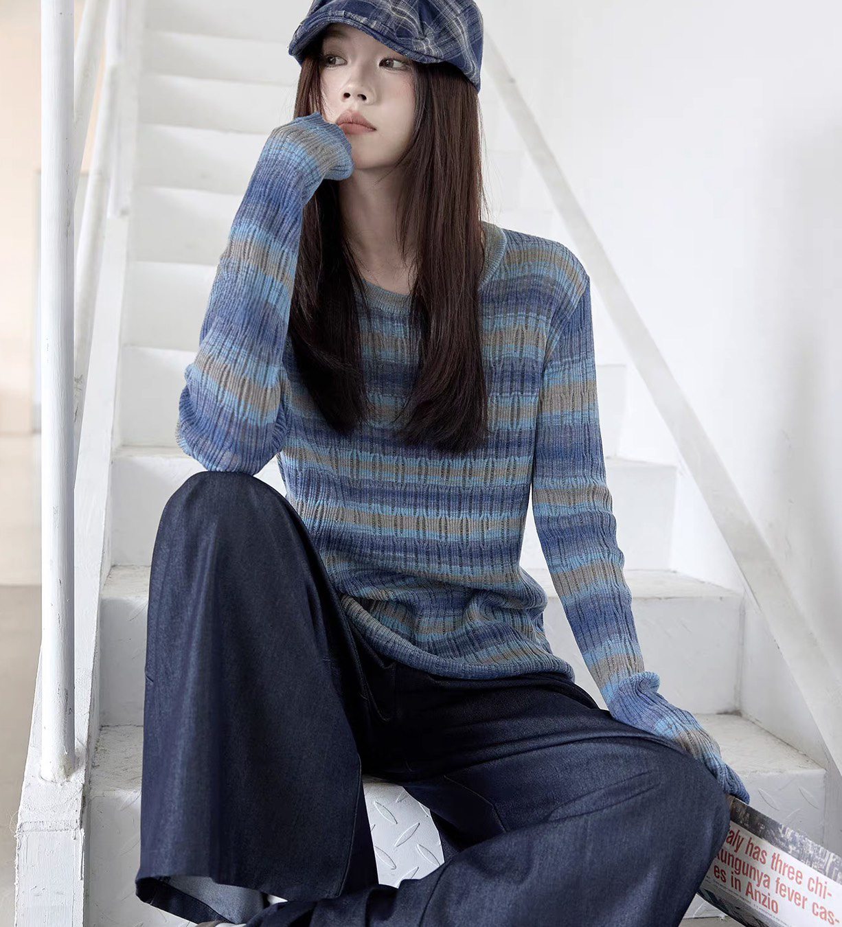customized Women’s Gradient Striped Knit Sweater – Soft Lightweight Long Sleeve Pullover