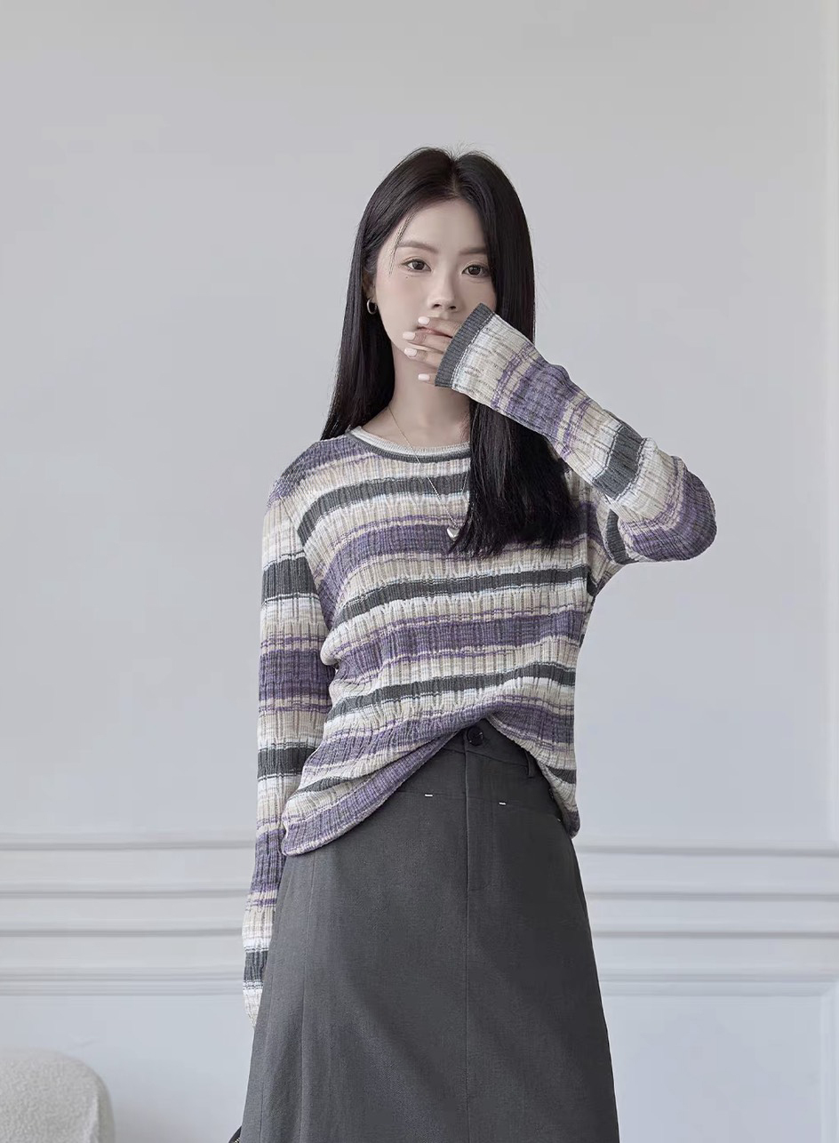 customized Women’s Gradient Striped Knit Sweater – Soft Lightweight Long Sleeve Pullover
