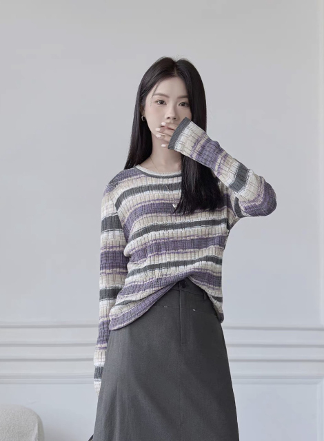customized Women’s Gradient Striped Knit Sweater – Soft Lightweight Long Sleeve Pullover