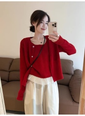 ODM OEM Women’s Two-Piece Knit Cardigan Set – Soft Button-Up Sweater & Inner Top (Red)