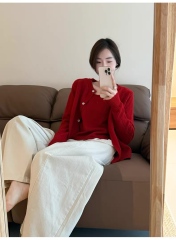 ODM OEM Women’s Two-Piece Knit Cardigan Set – Soft Button-Up Sweater & Inner Top (Red)