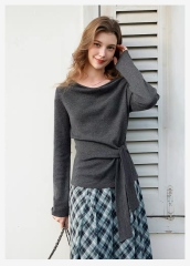 Made-to-order Women’s Draped Neck Knit Top with Waist Tie – Elegant Slim Fit Long Sleeve Sweater