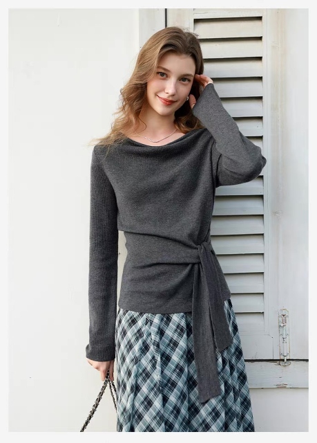Made-to-order Women’s Draped Neck Knit Top with Waist Tie – Elegant Slim Fit Long Sleeve Sweater