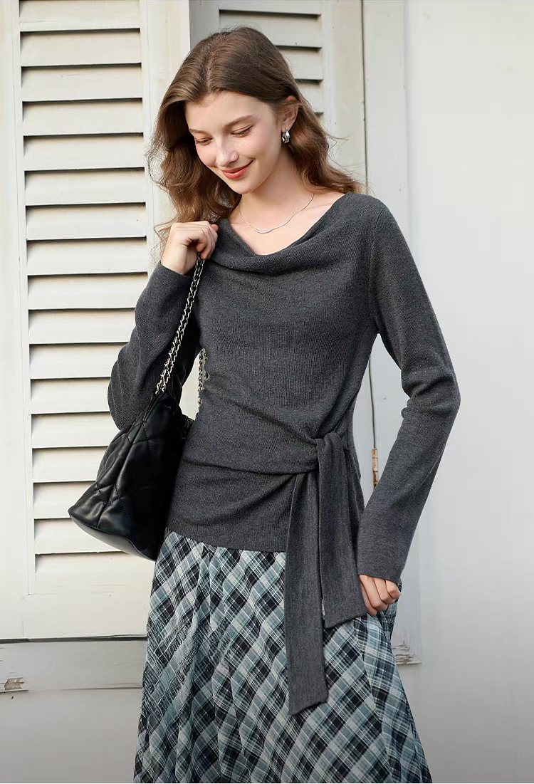 Made-to-order Women’s Draped Neck Knit Top with Waist Tie – Elegant Slim Fit Long Sleeve Sweater