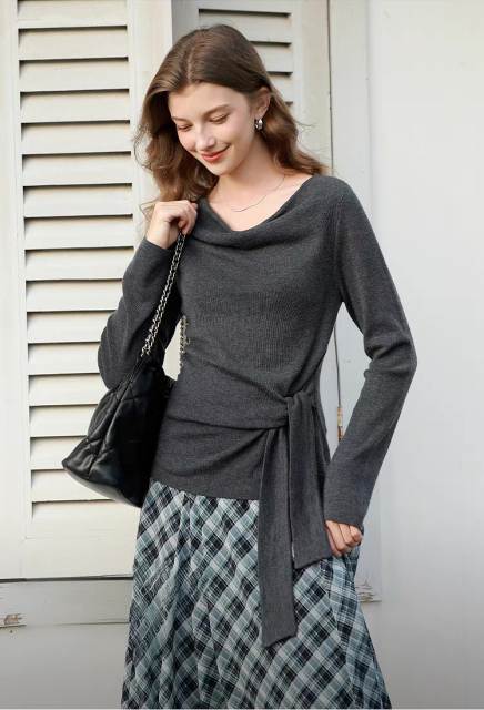 Made-to-order Women’s Draped Neck Knit Top with Waist Tie – Elegant Slim Fit Long Sleeve Sweater