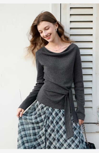 Made-to-order Women’s Draped Neck Knit Top with Waist Tie – Elegant Slim Fit Long Sleeve Sweater