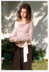 Made-to-order Women’s Draped Neck Knit Top with Waist Tie – Elegant Slim Fit Long Sleeve Sweater