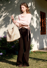 Made-to-order Women’s Draped Neck Knit Top with Waist Tie – Elegant Slim Fit Long Sleeve Sweater