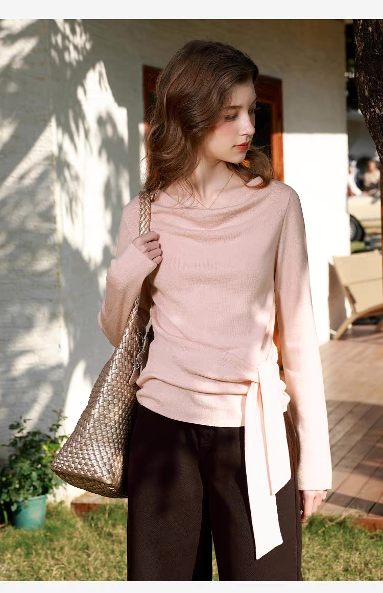 Made-to-order Women’s Draped Neck Knit Top with Waist Tie – Elegant Slim Fit Long Sleeve Sweater