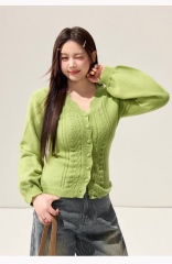 Personalized Women’s V-Neck Cable Knit Cardigan – Slim Fit Soft Button-Up Sweater (Green)