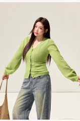 Personalized Women’s V-Neck Cable Knit Cardigan – Slim Fit Soft Button-Up Sweater (Green)